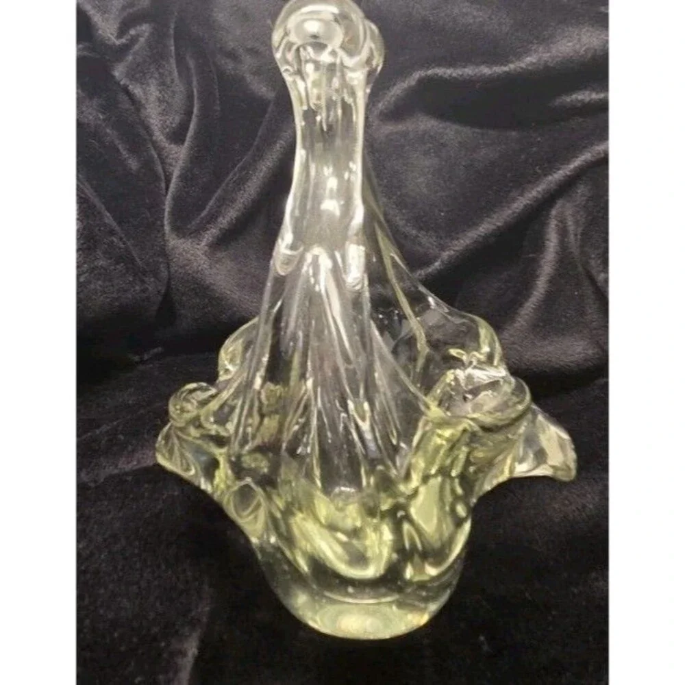 Vintage Clear Art Glass Basket Vase 6.25” Tuscany Style UV Pink Selenium Glow